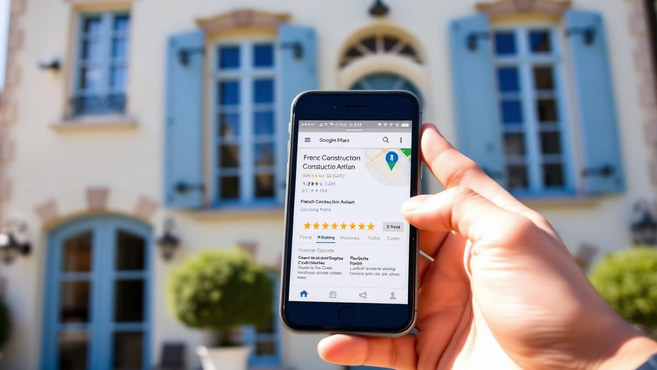 Smartphone affichant la fiche Google Business Profile optimisée d'un artisan du BTP local