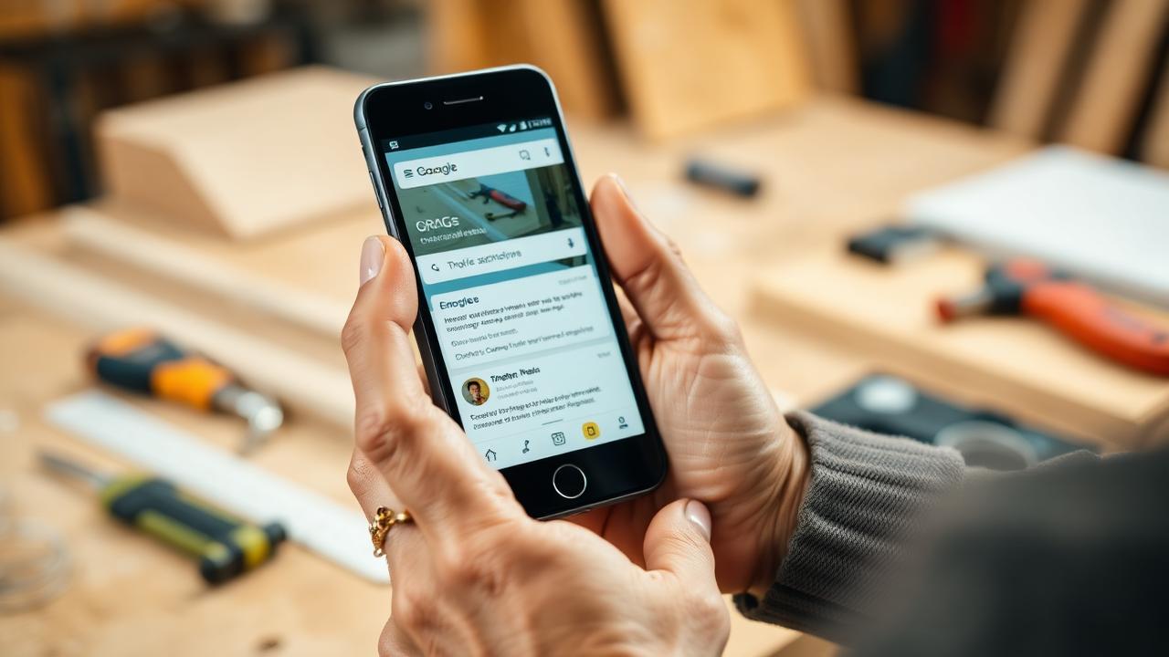 Artisan du BTP consultant une recherche Google Ads sur son smartphone dans son atelier