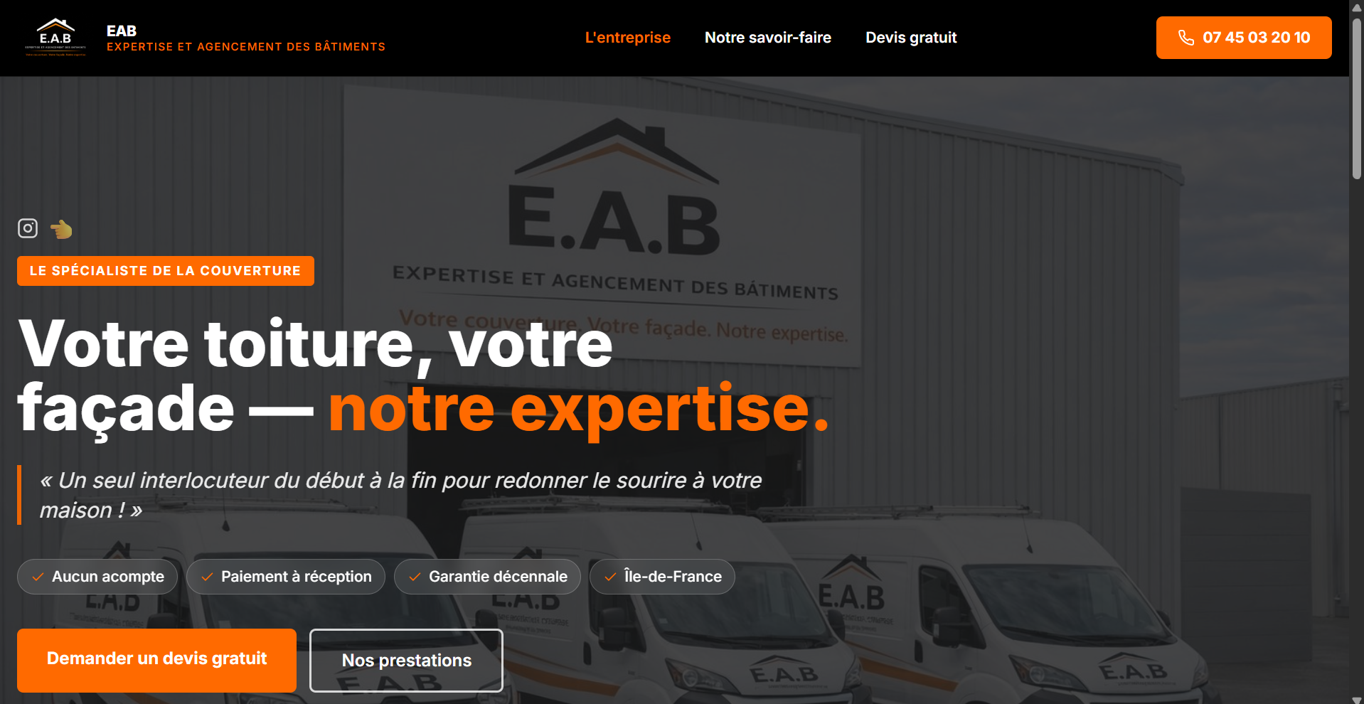 Aperçu du site web EAB — Expertise et Agencement des Bâtiments, spécialiste de la couverture en Île-de-France