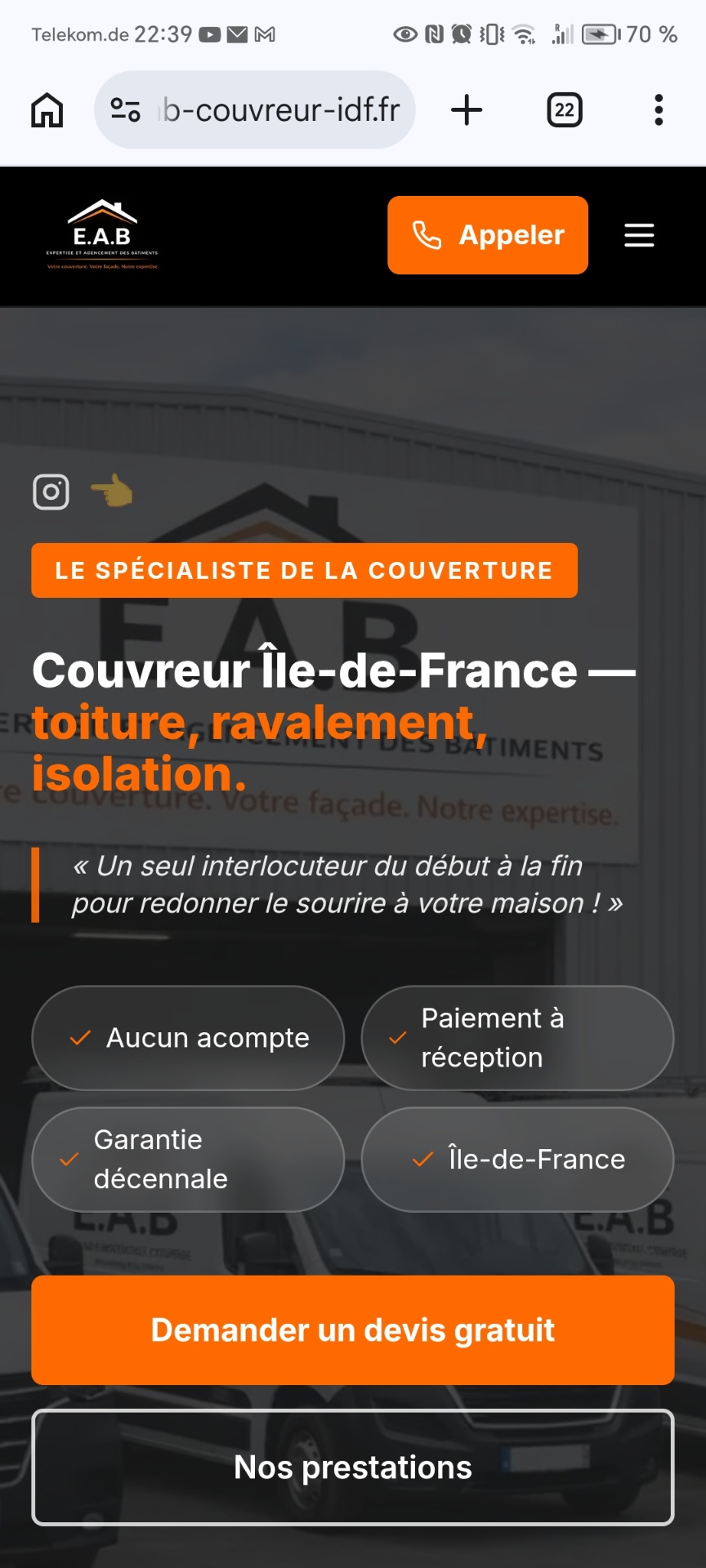 Aperçu du site eab-couvreur-idf.fr créé par NordLeadBTP