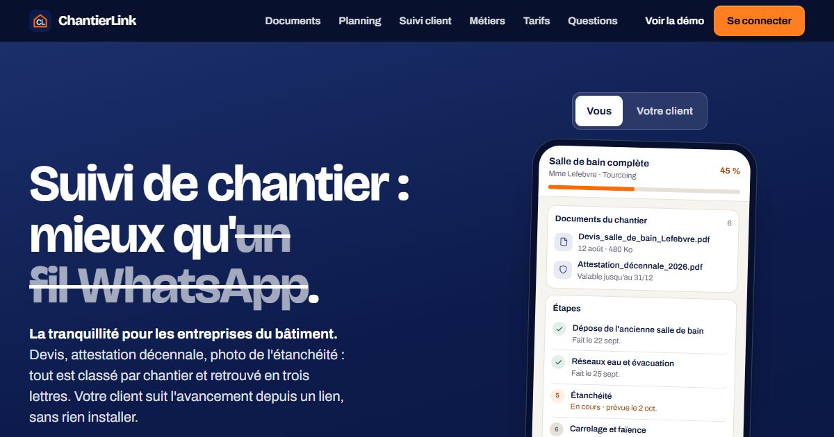 Aperçu de ChantierLink : documents classés par chantier et page de suivi pour le client