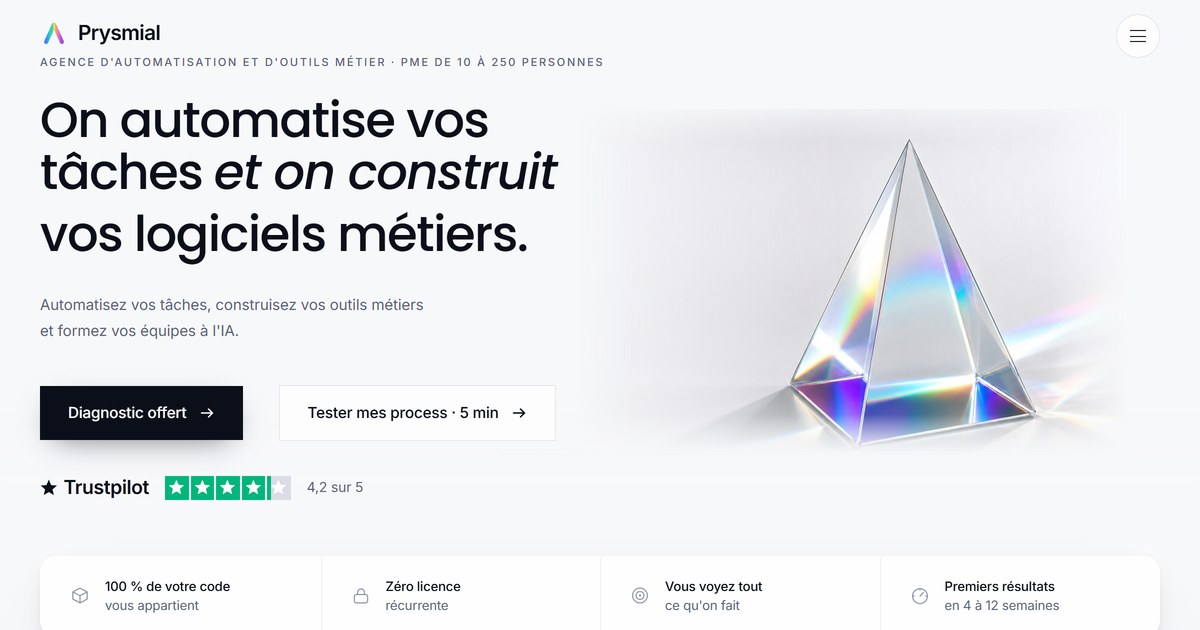 Aperçu du site Prysmial : automatisation des tâches et création de logiciels métiers pour les PME et artisans