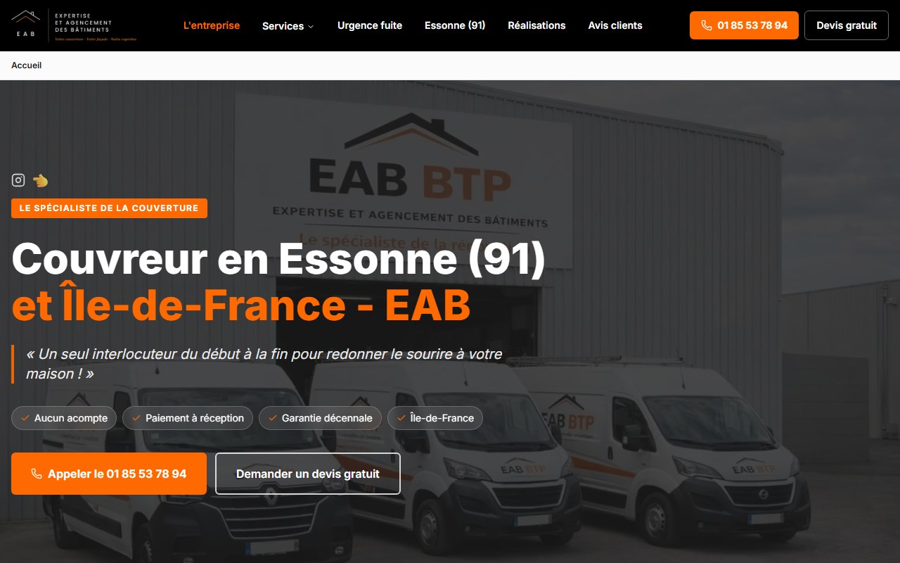 Aperçu du site web EAB – Expertise et Agencement des Bâtiments, spécialiste de la couverture en Île-de-France