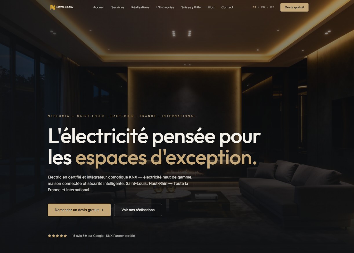 Aperçu du site web NEOLUMIA – électricien et intégrateur domotique KNX, Haut-Rhin